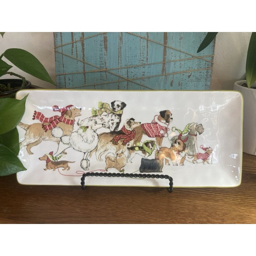 Pier 1 Park Avenue Puppies Plate Platter Christmas Dogs Serving Sandwich Tray
